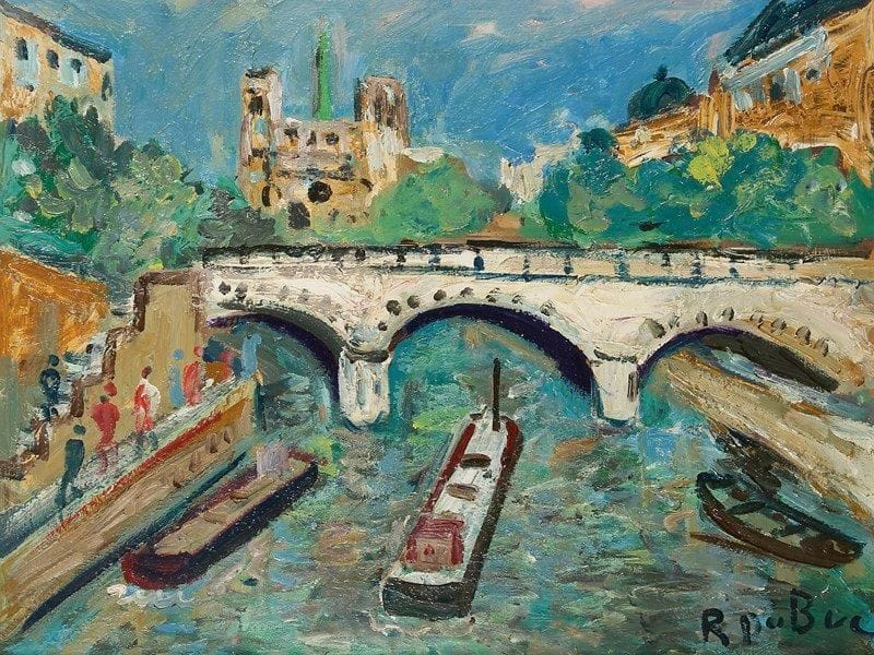 Roland DUBUC (1924-1998)
Paris, Pont sur la Seine vers Notre-Dame. Huile sur toile. Signée en bas à droite. 50 x 65 cm