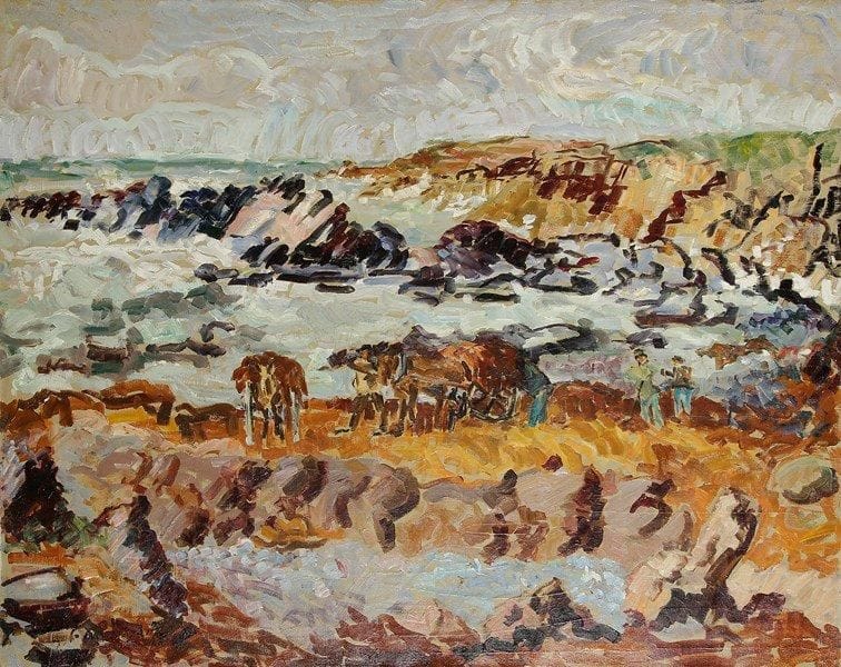 Anne FRANÇAIS (1909-1995)
Les Rochers Korrigan à Poul'han. Huile sur toile. Signée en bas à gauche. Signée et titrée au dos. Étiquette « Prix Othon-Friesz » au dos. 72 x 92 cm