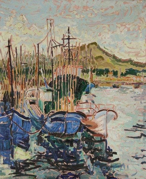 Anne FRANÇAIS (1909-1995)
Saint-Jean de Luz, le port et la Rhune. Huile sur toile. Signée en bas à droite. Signée et titrée au dos. 81 x 65 cm