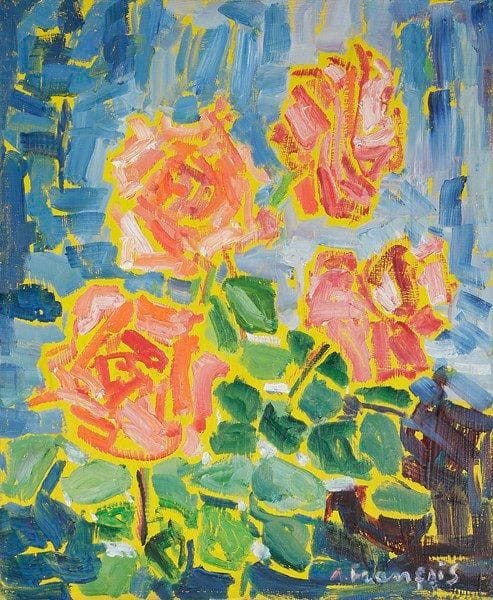 Anne FRANÇAIS (1909-1995)
Quatre roses. Huile sur toile. Signée en bas à droite. Signée et titrée au dos. 46 x 38 cm