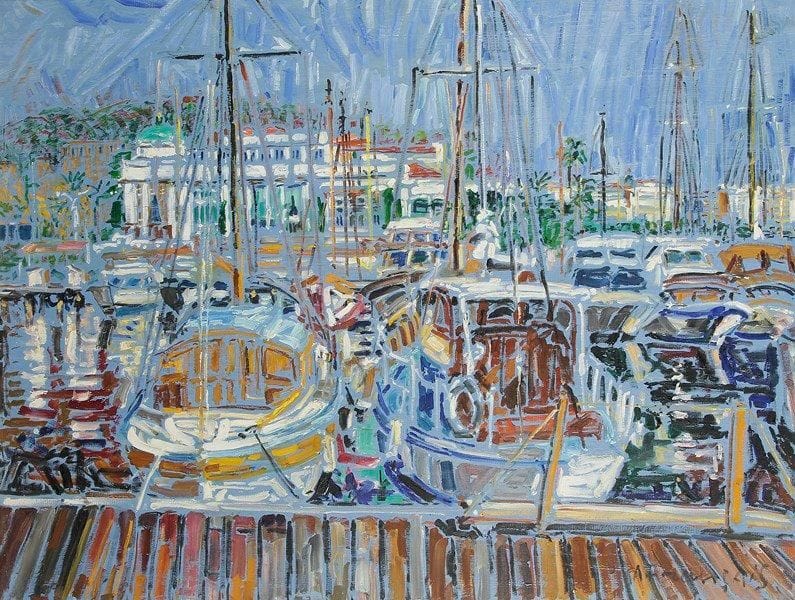 Anne FRANÇAIS (1909-1995)
Le Casino municipal et tout Cannes à travers les vergues. Huile sur toile. Signée en bas à droite. Signée et titrée au dos. 89 x 116 cm