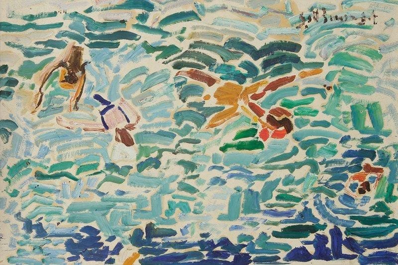 Anne FRANÇAIS (1909-1995)
Cannes, 5 écrevisses à la nage. Huile sur toile. Signée en bas à gauche. Signée et titrée au dos. 38 x 55 cm