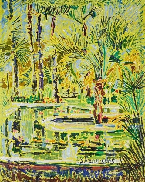 Anne FRANÇAIS (1909-1995)
Fontaine dans le jardin. Huile sur carton. Signée en bas à droite. 62 x 49 cm