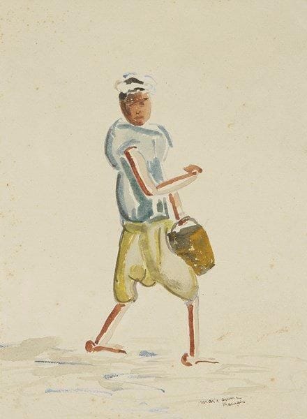 Anne FRANÇAIS (1909-1995)
Porteur à Marrakech. Aquarelle. Signée en bas à droite. 19,5 x 14 cm