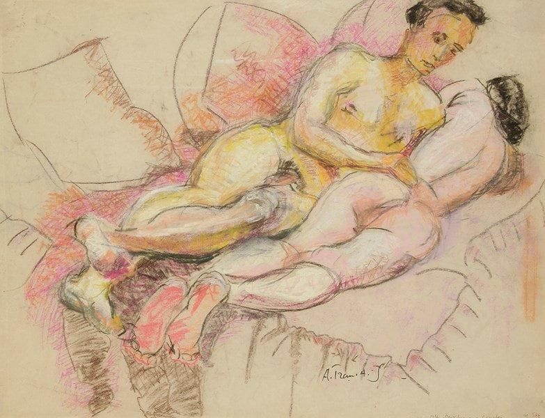 Anne FRANÇAIS (1909-1995)
Deux hommes couchés, 1956. Dessin au crayon de couleur. Signé, daté et titré en bas à droite. 48 x 62 cm
