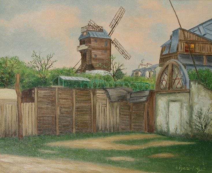 I.G. GAZI (1900-1975)
Le Moulin de la Galette et le Maquis à Montmartre. Huile sur toile. Signée en bas à droite. Signée et titrée au dos. 50 x 61 cm