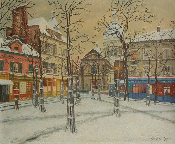 I.G. GAZI (1900-1975)
L'Église Saint Pierre de Montmartre et la place du Tertre. Huile sur toile. Signée en bas à droite. Signée et titrée au dos. 50 x 61 cm
