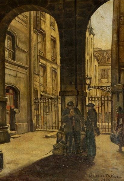 I.G. GAZI (1900-1975)
Vieux Paris, la rue de l'Hirondelle, 1935. Huile sur toile. Signée et datée en bas à droite. Signée, datée et titrée au dos. 55 x 38 cm