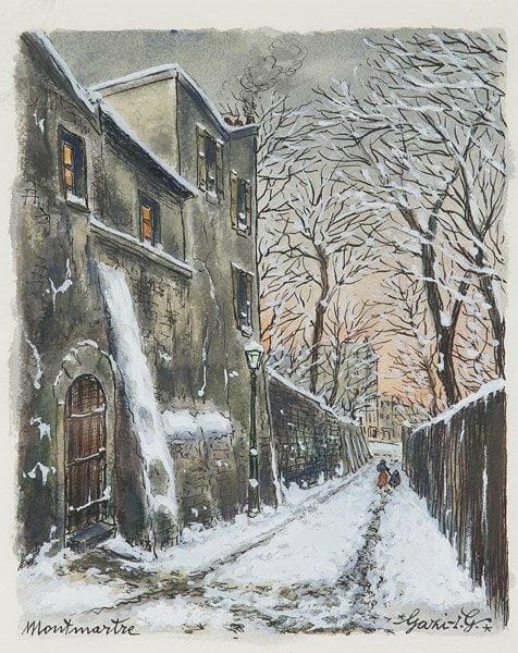 I.G. GAZI (1900-1975)
Montmartre sous la neige. Dessin à l'encre et gouache. Signé en bas à droite et située en bas à gauche. 29 x 23 cm