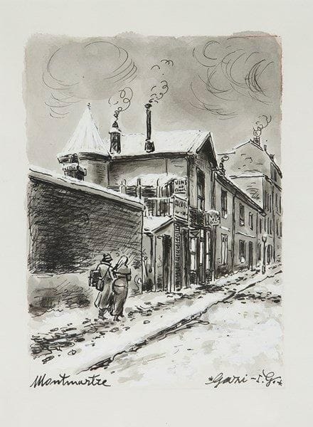 I.G. GAZI (1900-1975)
Montmartre, la rue D'Orchampt sous la neige. Dessin à l'encre. Signé en bas à droite et située en bas à gauche. 28,5 x 20 cm