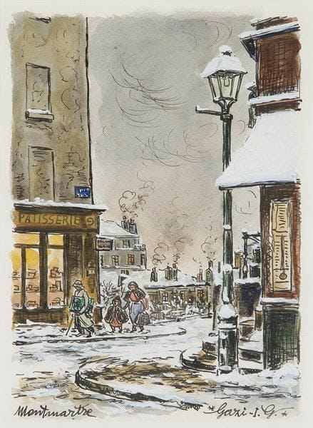 I.G. GAZI (1900-1975)
Rue animée sous la neige à Montmartre. Dessin à l'encre et aquarelle. Signé en bas à droite et située en bas à gauche. 23 x 17 cm