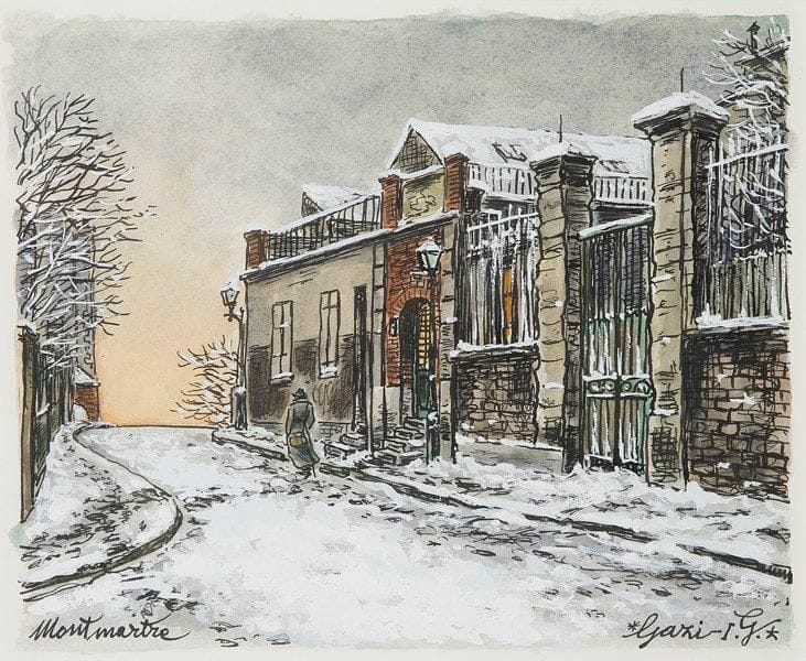 I.G. GAZI (1900-1975)
Montmartre sous la neige. Dessin à l'encre et gouache. Signé en bas à droite et située en bas à gauche. 22,5 x 28 cm