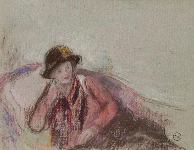 Paule GOBILLARD (1869-1946)
Femme accoudée. Pastel. Porte le cachet du monogramme en bas à droite. Dessin double-face. 25,5 x 32 cm