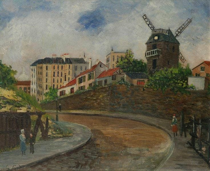 Émile GODY (XXe siècle)
Montmartre, rue au pied du Moulin de la Galette. Huile sur toile. Signée en bas à gauche. 38 x 46 cm