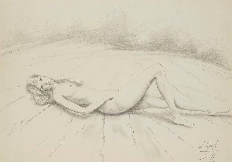 Claude GOZLAN (né en 1930)
Femme nue allongée, 1972. Dessin à la mine de plomb. Signé et daté en bas à droite. 45 x 63 cm
