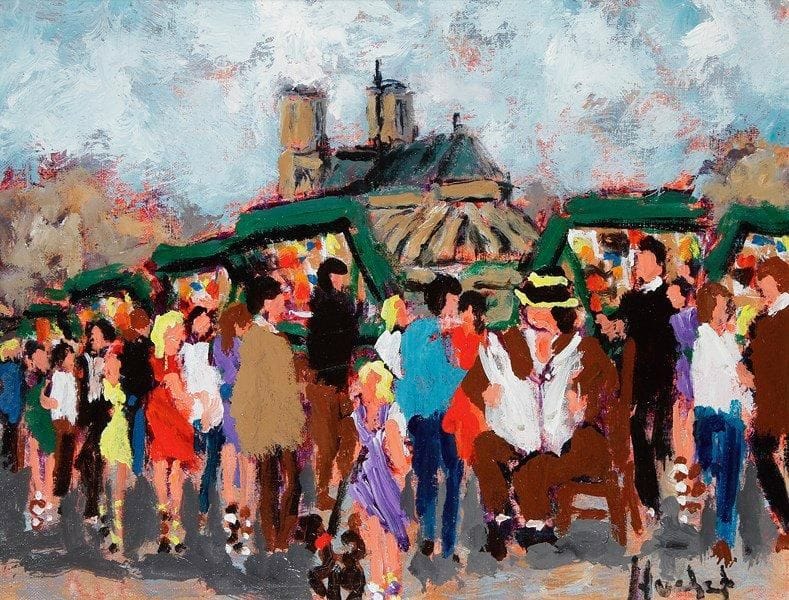 Urbain HUCHET (Né en 1930)
Les Bouquinistes. Huile sur toile. Signée en bas à droite. Titrée au dos. 27 x 35 cm