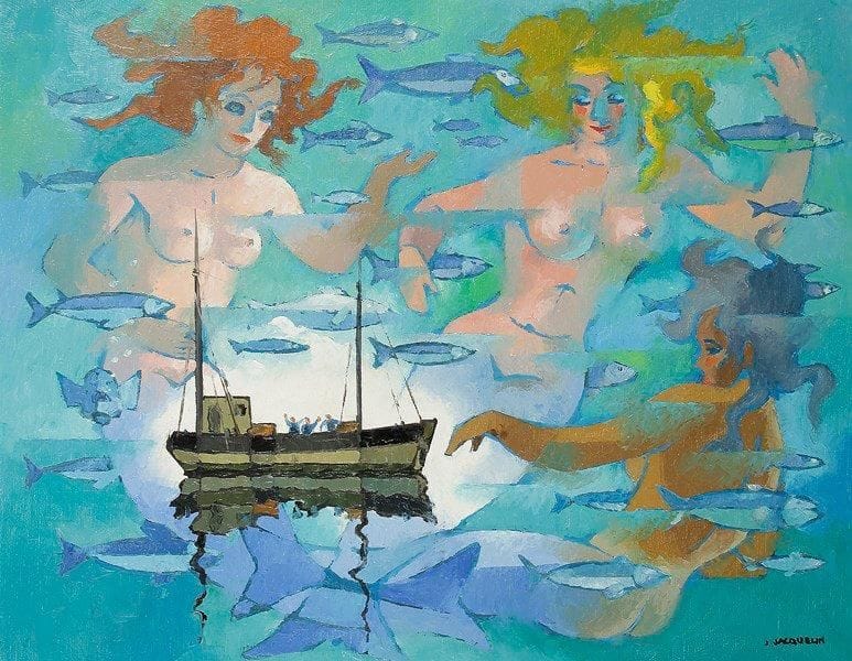 Jean JACQUELIN (1905-1989)
Le Chalutier aux sirènes. Huile sur toile. Signée en bas à droite. Signée et titrée au dos. 73 x 92 cm