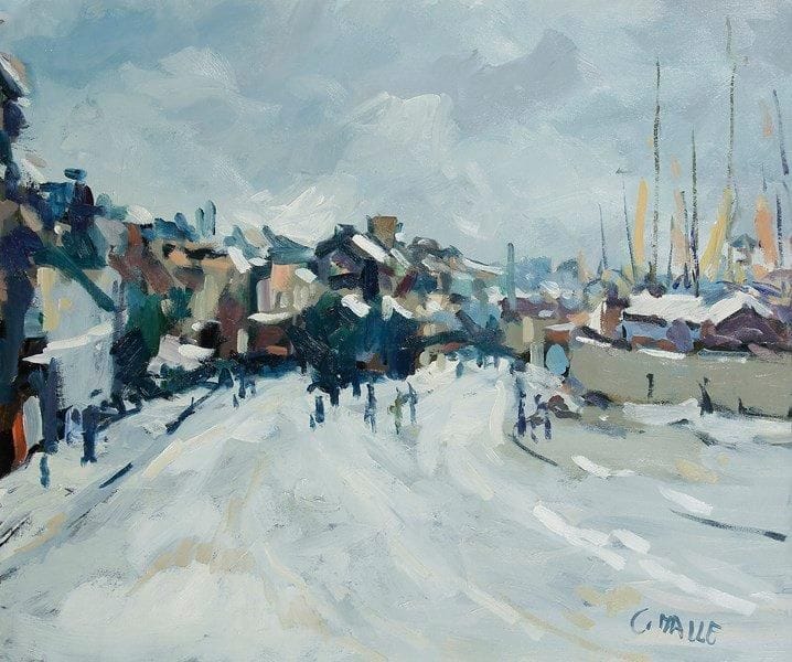 Charles MALLE (né en 1935)
Trouville, les quais sous la neige. Huile sur toile. Signée en bas à droite. 46 x 55 cm