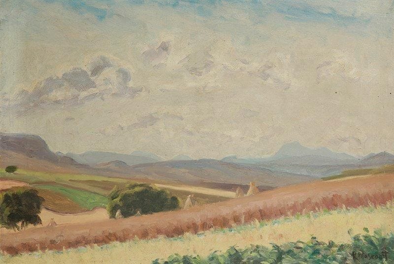 Paul MASCART (1874-1958)
Sauvagnat, La Gerle et la chaine des Puys. Huile sur toile. Signée en bas à droite. Signée et titrée au dos. 38 x 55 cm