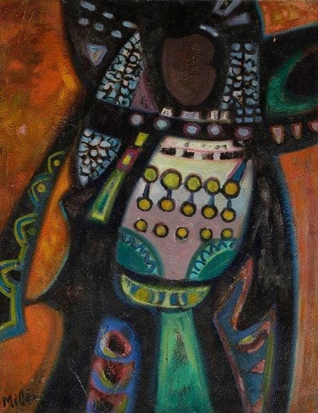 June MILES (né en 1924)
Femme costumée. Huile sur toile. Signée en bas à gauche. 73 x 54 cm