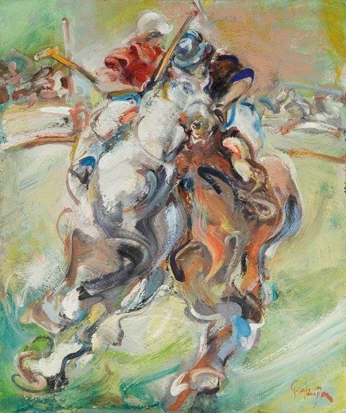Gérard PANPOUJIAN (né en 1941)
Joueurs de Polo. Huile sur toile. Signée en bas à droite. 73 x 60 cm