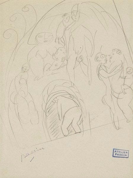 Jules PASCIN (1885-1930)
Personnages. Dessin à la mine de plomb. Porte le cachet de la signature en bas à gauche. 15 x 11,5 cm