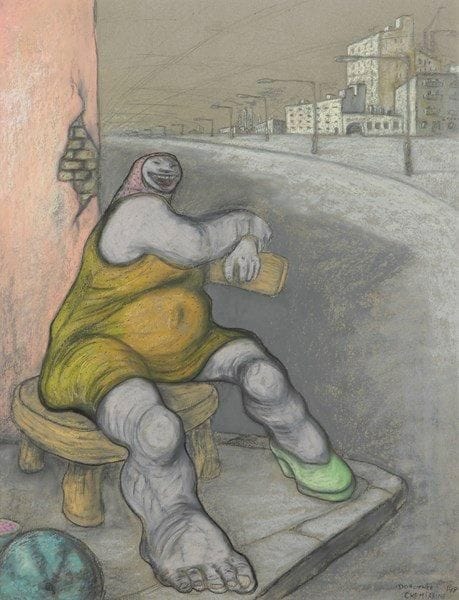 Dorothée CHEMIAKIN (née en 1964)
Femme assise dans la rue, 1991. Pastel. Signé et datée en bas à droite. 64 x 47 cm