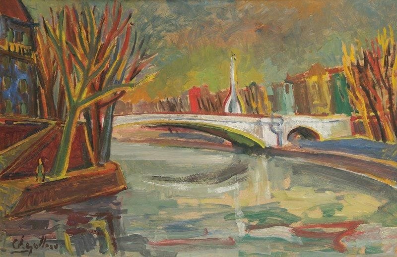 Jean CHEVOLLEAU (1924-1996)
Paris, l'Île Saint-Louis et le Pont de la Tournelle. Huile sur isorel. Signée en bas à gauche. 53 x 81 cm