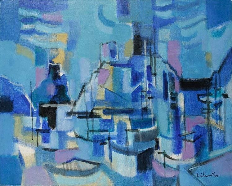 Jean CHEVOLLEAU (1924-1996)
L'Ile d?Yeu, La Meule, le Port bleu, 1990. Huile sur toile. Signée en bas à droite. Signée, datée et titrée au dos. 65 x 80 cm
