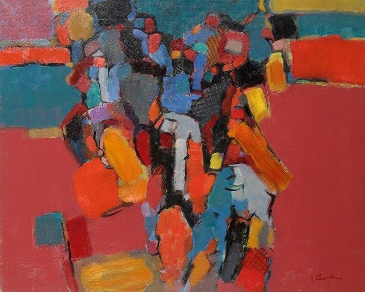 Jean CHEVOLLEAU (1924-1996)
L'Arrivée. Huile sur toile. Signée en bas à droite. Signée et titrée au dos. 64 x 81 cm