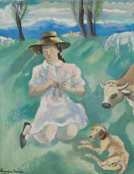 Hermine DAVID (1886-1970)
Jeune fille au tricot, 1943. Huile sur toile. Signée et datée en bas à gauche. 41 x 33 cm