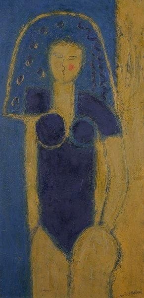 Robert DELVAL (né en 1934)
La Fille au maillot bleu, 1986. Huile sur toile. Signée en bas à droite. Signée, datée et titrée au dos. 100 x 50 cm