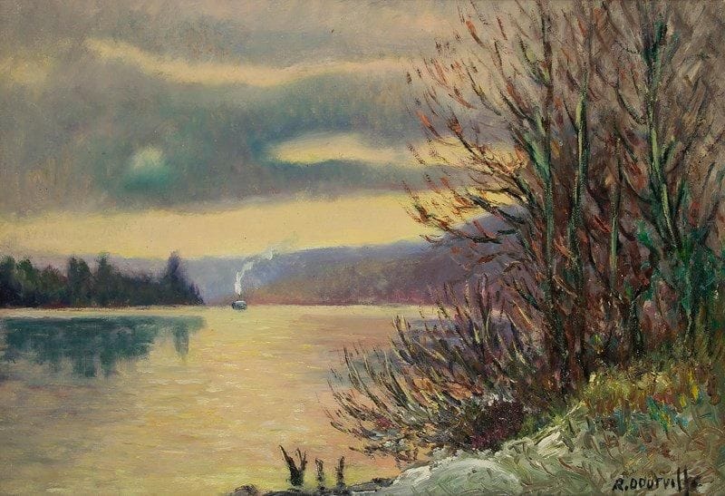 R. DOURVILLE (XXe siècle)
Bateau sur le fleuve. Huile sur toile. Signée en bas à droite. Signée au dos. 50 x 73 cm