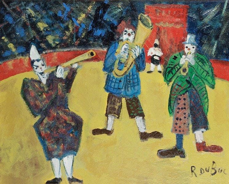 Roland DUBUC (1924-1998)
Les Clowns musiciens. Huile sur toile. Signée en bas à droite. 73 x 92 cm