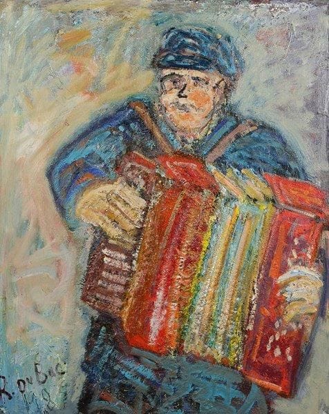 Roland DUBUC (1924-1998)
L'Accordéoniste, 1984. Huile sur toile. Signée et datée en bas à gauche. 92 x 73 cm