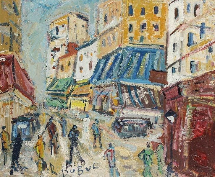 Roland DUBUC (1924-1998)
Paris, rue Lepic. Huile sur toile. Signée en bas à gauche. Signée et titrée au dos. 50 x 61 cm