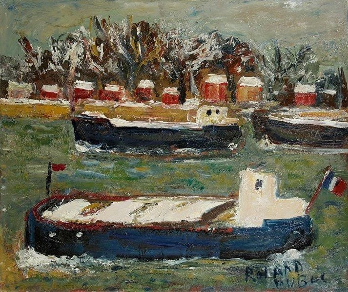 Roland DUBUC (1924-1998)
Péniche sous la neige. Huile sur toile. Signée en bas à droite. Signée et titrée au dos. 60 x 73 cm