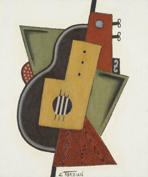Georges Terzian
Les 2 Guitares, 2008 Huile sur toile et collage. Signée en bas au milieu. Signée, datée et titrée au dos. 55 x 46 cm