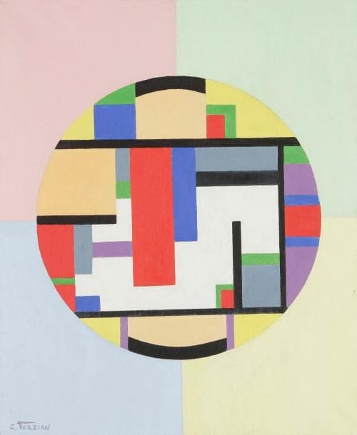 Georges Terzian
Le Cercle blanc Huile sur toile. Signée en bas à gauche. Signée, datée et titrée au dos. 61 x 50 cm