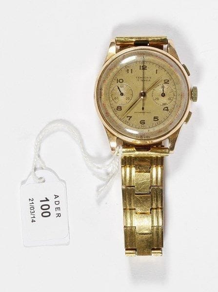Montre chronomètre d'homme en or. Bracelet en plaqué or. TEMPORIS. Double fond en laiton.. Poids brut: 74 g. (Mécanisme à revoir)