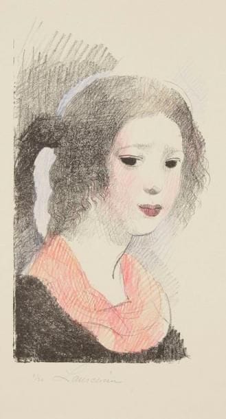 Marie LAURENCIN (1883-1956)
Charlotte. 1930. Lithographie. 150 x 265. Marchesseau 144. Très belle épreuve, l'une des 30 sur japon de la pierre-clé tirée en noir, largement rehaussée aux crayons de couleurs, numérotée et signée à la mine de plomb. Toutes marges