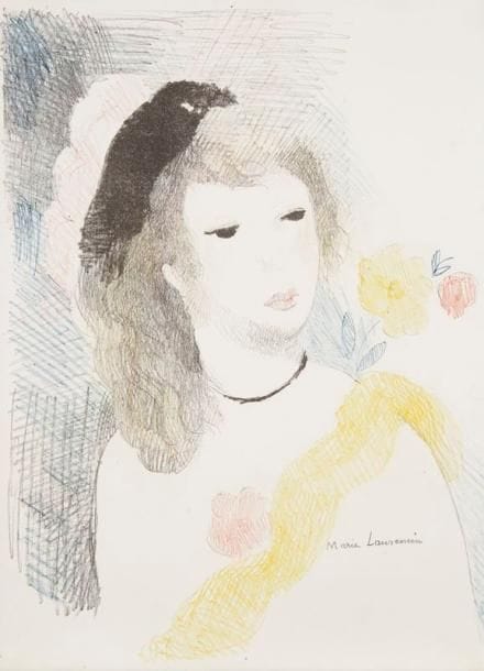 Marie LAURENCIN (1883-1956)
Alice et le fiasco. 1930. Lithographie. [280 x 280]. Marchesseau 150. Impression en couleurs. Très belle épreuve sur vélin, signée à la mine de plomb. Quelques rousseurs claires surtout visibles au verso. Toutes marges