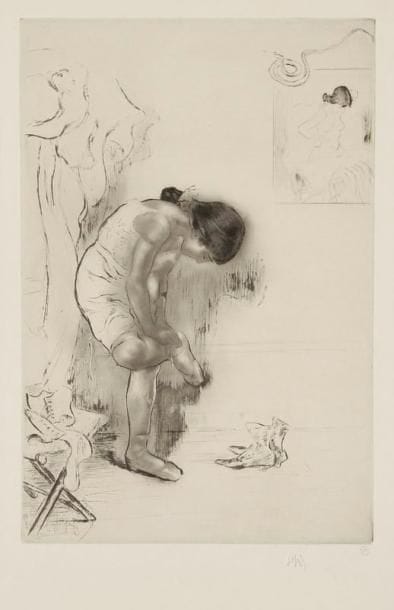Louis LEGRAND (1863-1951)
Avant la leçon. (Pl. pour l'album La Petite Classe). 1908. Eau-forte, aquatinte et pointe sèche. 287 x 427. Arwas 364. Parfaite épreuve du 3e état (sur 5), avant la ligne gravée et avant coupure du cuivre, signée à la mine de plomb puis timbrée par l'éditeur G. Pellet (Lugt 1190). Toutes marges