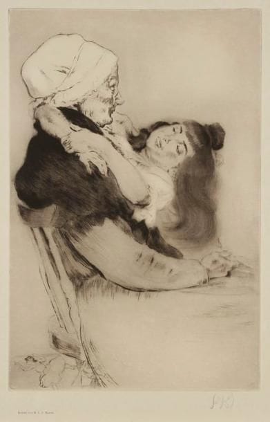 Louis LEGRAND (1863-1951)
Vieille servante. 1905. Eau-forte. 358 x 535. Arwas 259. Parfaite épreuve nominative sur japon, signée à la mine de plomb. Toutes marges. Timbre sec: Société des Amis de l'Eau-forte