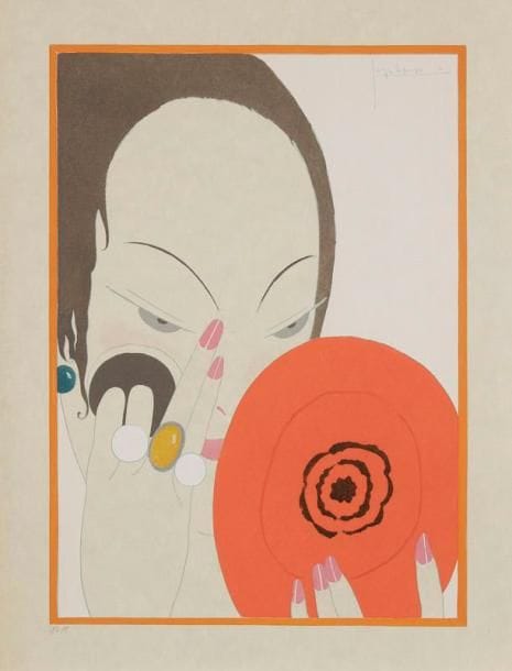 Georges LEPAPE (1887-1971)
Le Miroir rouge. 1914. Pochoir en couleurs. [220 x 285]. Parfaite épreuve sur vélin, numérotée à la mine de plomb. Toutes marges