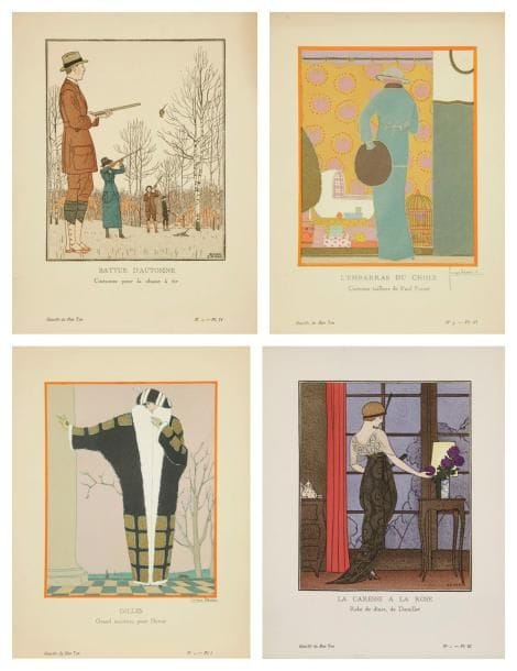 Georges Lepape (1887-1971) et al. Gazette du Bon Ton
17 Sujets de mode (maisons Gilles, Cheruit, Doeuillet, Paquin, Redfern...) Procédé photomécanique d'après Boutet de Monvel, Brissaud, Gosé, Lepape, Marty, etc. Chaque 132 x 165. Impression en couleurs. Très belles épreuves. Joint: ff. de texte illustrés