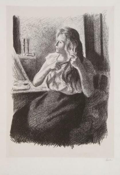 Maximilien Luce (1858-1941)
Femme se coiffant. 1894. Autographie. 300 x 435. I.F.F. 12. Belle épreuve sur chine appliqué, soigneusement lavée, signée à la mine de plomb. Deux courtes déchirures habilement restaurées en tête. Fin pli cassé sous le sujet. Toutes marges. Tirage à 100 épreuves pour L'Estampe Originale (timbre sec: Lugt 819)