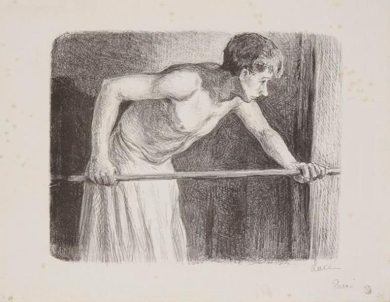 Maximilien Luce (1858-1941)
Boulanger au fournil. Vers 1895. Lithographie. 260 x 210. Très belle épreuve sur vélin, signée et annotée «Essai» à la mine de plomb. Rousseurs claires éparses essentiellement marginales. Toutes marges. Timbre sec: A. Beurdeley (Lugt 421)