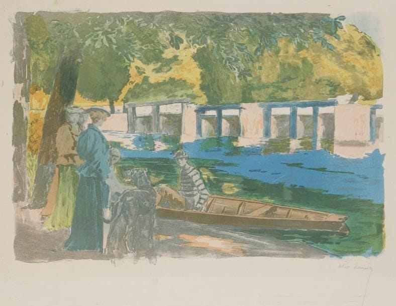 Alexandre LUNOIS (1863-1916)
L'Embarquement ou La Partie de canot. Vers 1895. Lithographie. 385 x 260. I.F.F. 71. Impression en couleurs. Très belle et fraîche épreuve sur vélin glacé, signée à la mine de plomb. Toutes marges