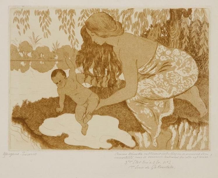 Georges MANZANA-PISSARRO (1871-1961)
Ménaka baignant son enfant. Pl. pour L'Anneau de Sakuntala. Vers 1920. Eau-forte et aquatinte. 248 x 178. Impression en bistre. Très belle et fraîche épreuve sur vergé, signée à la mine de plomb et abondamment annotée. Courte déchirure en pied. Toutes marges